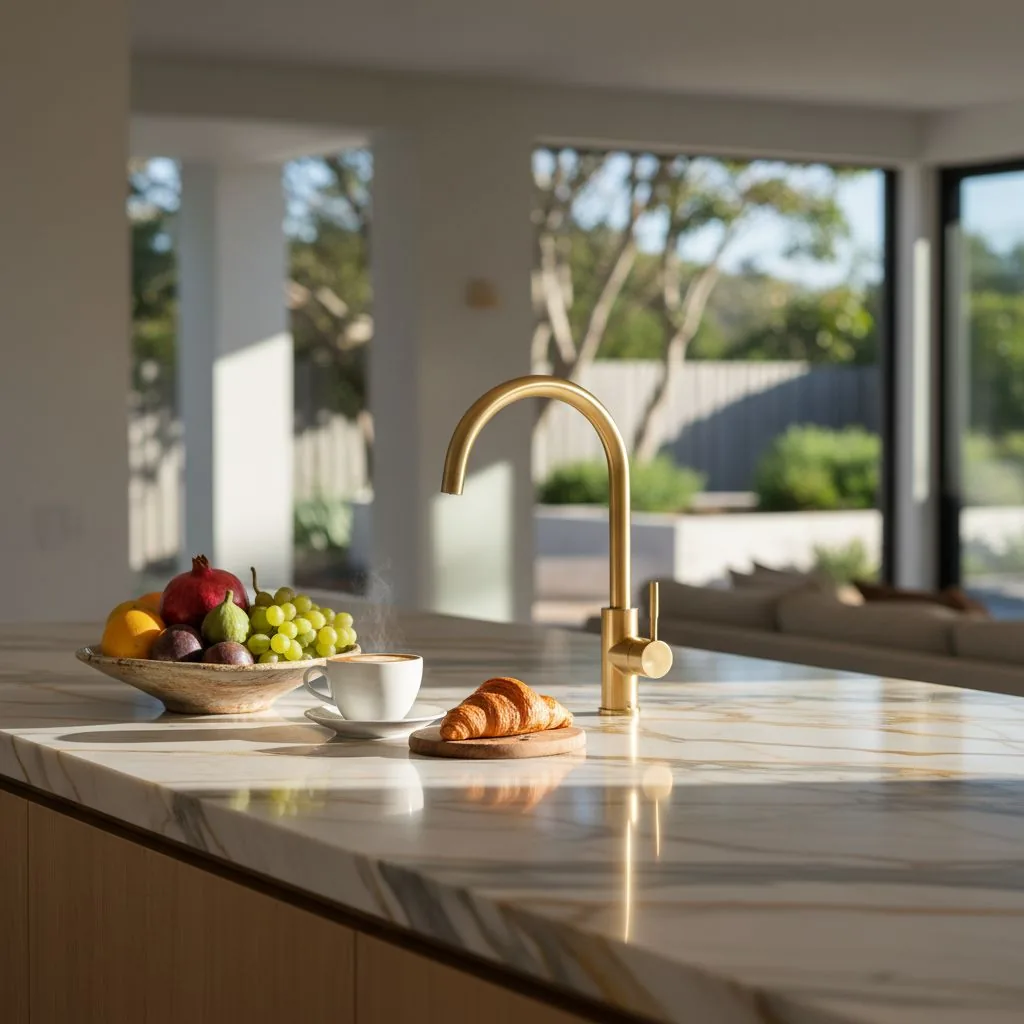 Brass tap and veined benchtop beside a bowl of fruit in an open kitchen