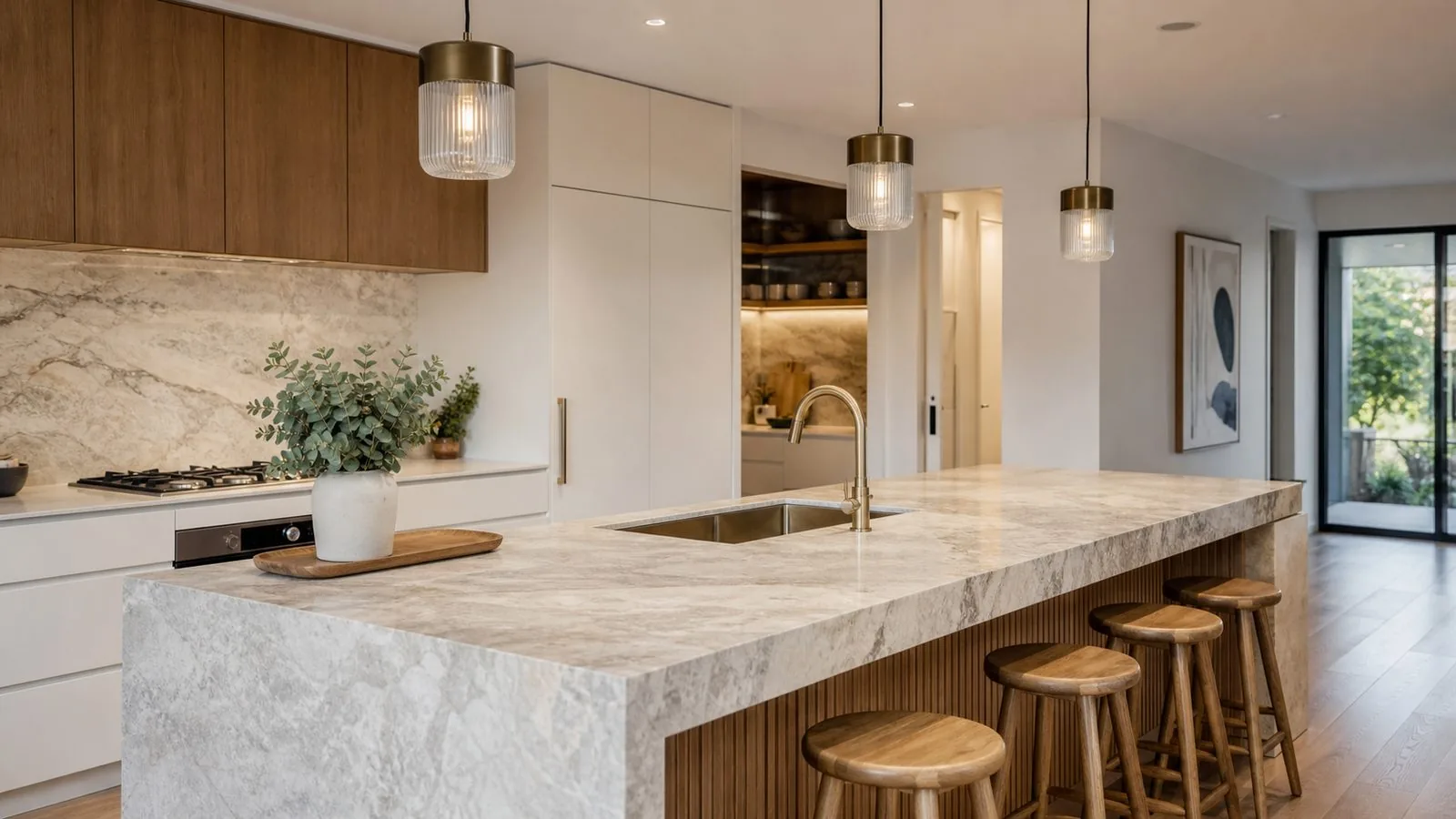 Kitchen with a long island, stools, timber upper cabinets and a rear pantry